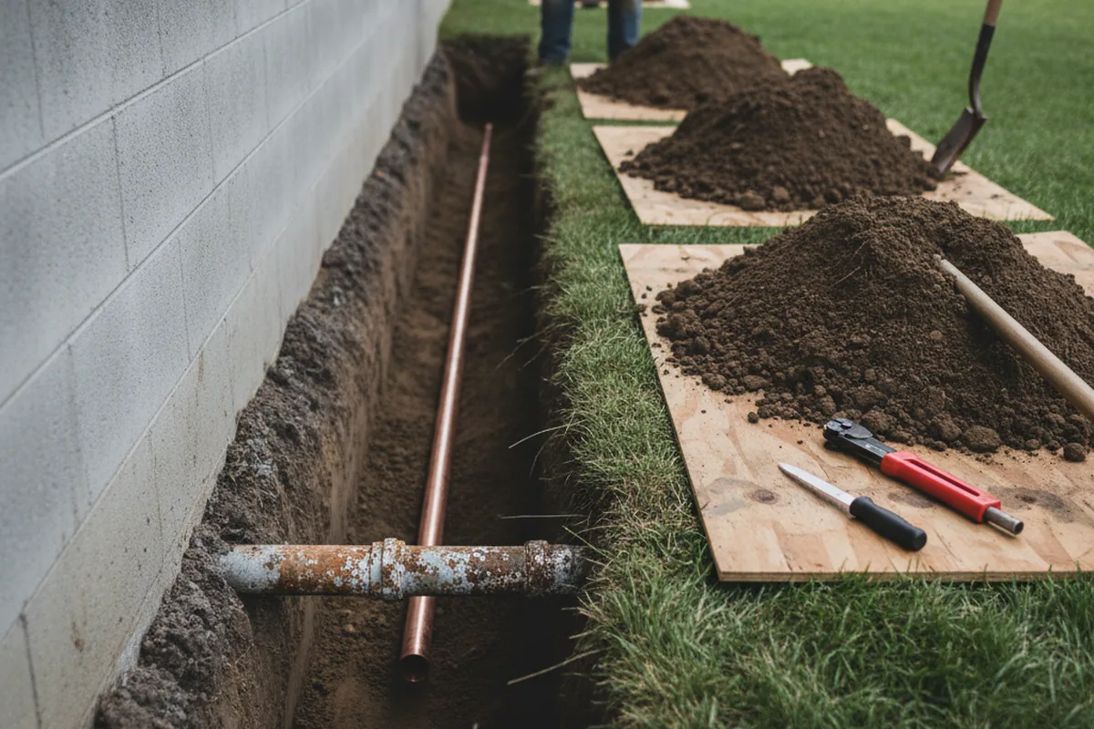 Excavated water line trench during Water Softener Installation in West Fulton